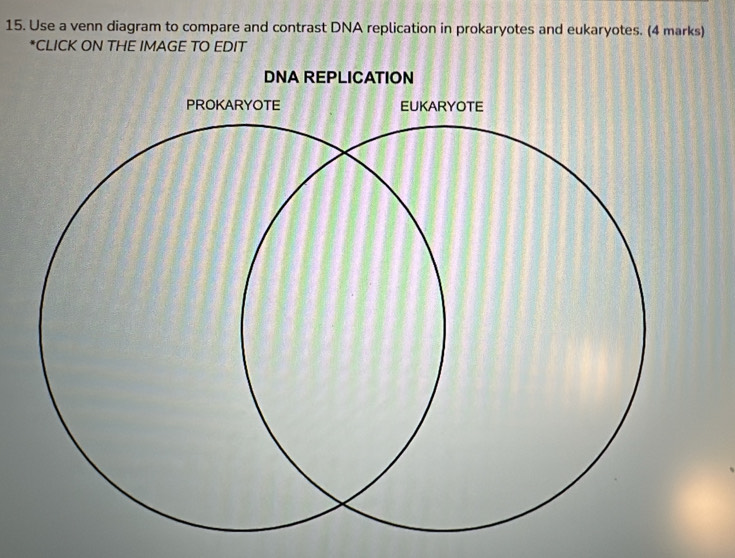 Use a venn diagram to compare and contrast DNA replication in prokaryotes and eukaryotes. (4 marks) 
*CLICK ON THE IMAGE TO EDIT