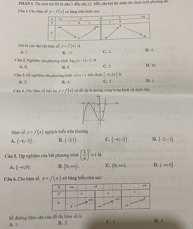 PHÀN I. Thí sinh trả lời từ cầu 1 đến câu 12. Mỗi câu hỏi thí sinh chỉ chọn một phương ản.
Câu 1. Cho hàm số y=f(x) có bảng biển thiên sau:
Giá trị cực đại của hàm số y=f(x) là
A. 1. B. -3 . C. 5 . D. 0 .
Câu 2. Nghiệm của phương trình log _3(x-1)=2 là
A. 8. B. 9. C. 7. D. 10.
Câu 3. Số nghiệm của phương trình cot x=1 trên đoạn [-π ;2π ] là
A. 2 . B. 4 . C. 3 . D. 1.
Câu 4. Cho hàm số bậc ba y=f(x) có đồ thị là đường cong trong hình vẽ dưới đây.
Hàm số y=f(x) nghịch biến trên khoảng
A. (-4;-2). B. (-2;1). C. (-∈fty ;-2). D. (-2;-1).
Câu 5. Tập nghiệm của bất phương trình ( 1/π  )^x>1 là
A. (-∈fty ;0). B. [0;+∈fty ). C. (0;+∈fty ). D. (-∈fty ;0].
Câu 6. Cho hàm số y=f(x) có bảng biến như sau:
Số đường tiệm cận của đồ thị hàm số là D. 4 .
A. 1. B. 2 . C. 3 .