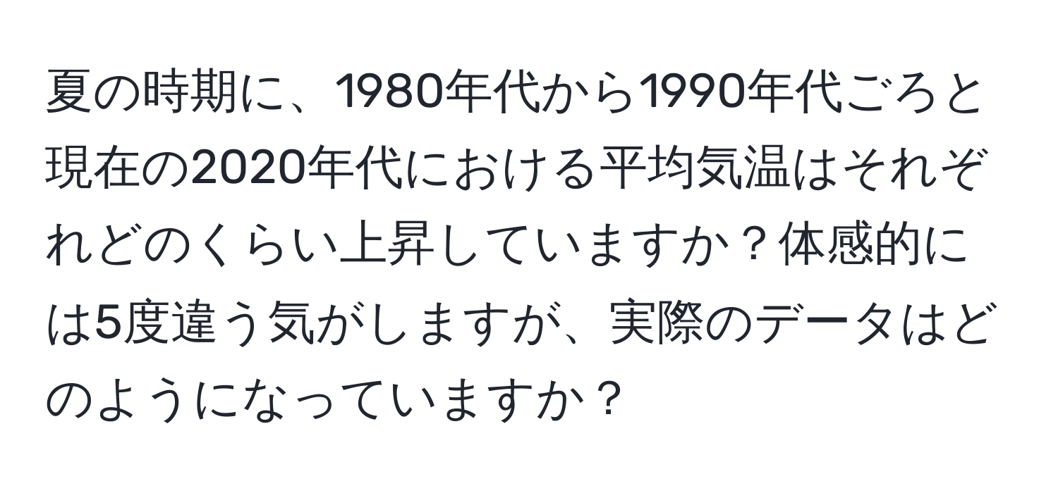 夏の時期に、1980年代から1990年代ごろと現在の2020年代における平均気温はそれぞれどのくらい上昇していますか？体感的には5度違う気がしますが、実際のデータはどのようになっていますか？