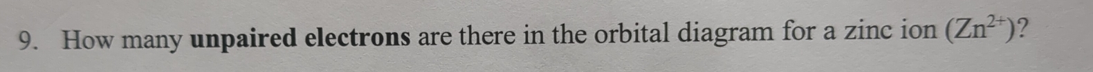 How many unpaired electrons are there in the orbital diagram for a zinc ion (Zn^(2+)) ?