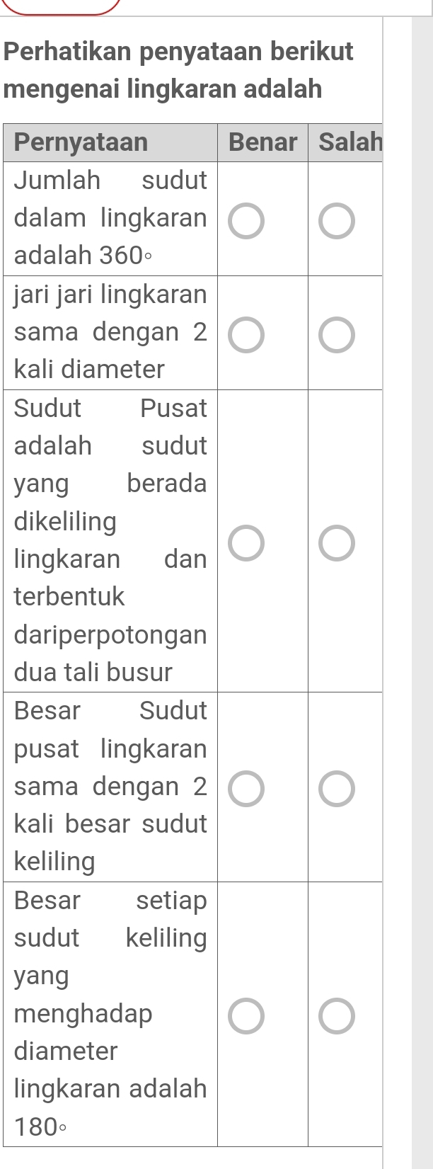 Perhatikan penyataan berikut
mengenai lingkaran adalah
Pernyataan Benar Salah
Jumlah sudut
dalam lingkaran
adalah 360∘
jari jari lingkaran
sama dengan 2
kali diameter
Sudut Pusat
adalah sudut
yang berada
dikeliling
lingkaran dan
terbentuk
dariperpotongan
dua tali busur
Besar Sudut
pusat lingkaran
sama dengan 2
kali besar sudut
keliling
Besar setiap
sudut keliling
yang
menghadap
diameter
lingkaran adalah
180°