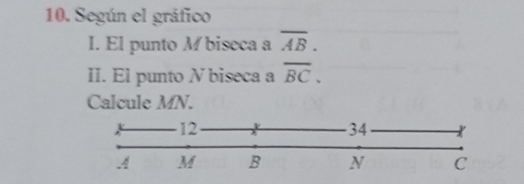 Según el gráfico 
I. El punto M biseca a overline AB. 
II. El punto N biseca a overline BC. 
Calcule MN.