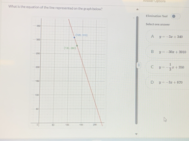 Aswer Uptions
What is the equation of the line represented on the graph below?
Elimination Tool
Select one anwer
A y=-3x+340
B y=-30x+3910
= C y=- 1/3 x+350
D y=-3x+670