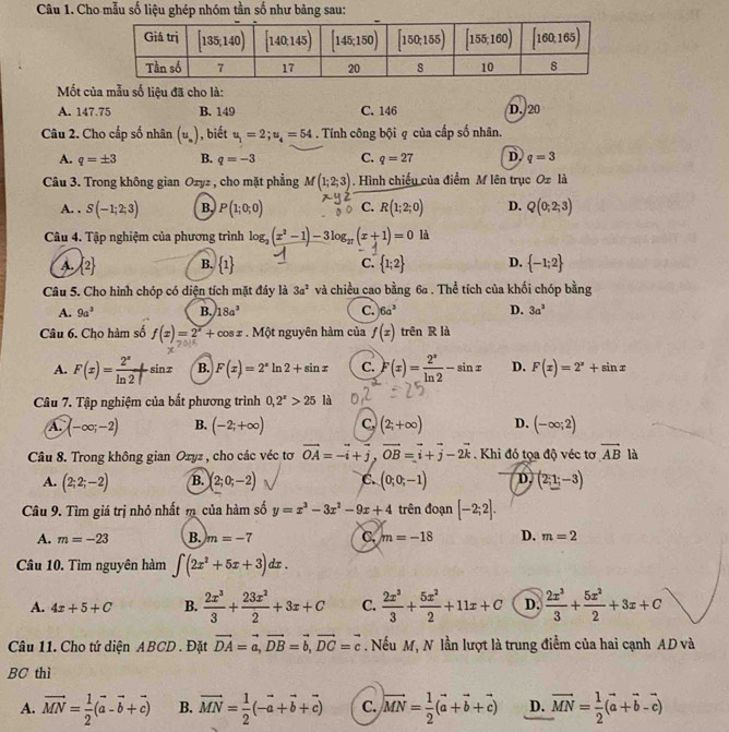 Cho mẫu số liệu ghép nhóm tần số như bảng sau:
Mốt của mẫu số liệu đã cho là:
A. 147.75 B. 149 C. 146 D. 20
Câu 2. Cho cấp số nhân (u_.) , biết u_1=2;u_4=54. Tính công bội q của cấp số nhân.
A. q=± 3 B. q=-3 C. q=27 D. q=3
Câu 3. Trong không gian Oxyz , cho mặt phẳng M(1;2;3). Hình chiếu của điểm M lên trục Oz là
A. . S(-1;2;3) B. P(1;0;0) C. R(1;2;0) D. Q(0;2;3)
Câu 4. Tập nghiệm của phương trình log _3(x^2-1)-3log _27(x+1)=0 là
A.  2 B.  1 C.  1;2 D.  -1;2
Câu 5. Cho hình chóp có diện tích mặt đáy là 3a^2 và chiều cao bằng 6a . Thể tích của khối chóp bằng
A. 9a^3 B. 18a^3 C. 6a^3 D. 3a^3
Câu 6. Cho hàm số f(x)=2^x+cos x.  Một nguyên hàm của f(x) trên R là
A. F(x)= 2^x/ln 2 +sin x B. F(x)=2^xln 2+sin x C. F(x)= 2^x/ln 2 -sin x D. F(x)=2^x+sin x
Câu 7. Tập nghiệm của bất phương trình 0,2^x>25 là
A (-∈fty ;-2) B. (-2;+∈fty ) C. (2;+∈fty ) D. (-∈fty ;2)
Câu 8. Trong không gian Ozyz , cho các véc tơ vector OA=-vector i+vector j,vector OB=vector i+vector j-2vector k. Khi đó tọa độ véc tơ vector AB là
A. (2;2;-2) B. (2;0;-2) C. (0;0;-1) D. (2;1;-3)
Câu 9. Tìm giá trị nhỏ nhất m của hàm số y=x^3-3x^2-9x+4 trên đoạn [-2;2].
A. m=-23 B. m=-7 C. m=-18 D. m=2
Câu 10. Tìm nguyên hàm ∈t (2x^2+5x+3)dx.
A. 4x+5+C B.  2x^3/3 + 23x^2/2 +3x+C C.  2x^3/3 + 5x^2/2 +11x+C D.  2x^3/3 + 5x^2/2 +3x+C
Câu 11. Cho tứ diện ABCD . Đặt vector DA=vector a,vector DB=vector b,vector DC=vector c. Nếu M, N lần lượt là trung điểm của hai cạnh AD và
BC thì
A. vector MN= 1/2 (vector a-vector b+vector c) B. vector MN= 1/2 (-vector a+vector b+vector c) C. vector MN= 1/2 (vector a+vector b+vector c) D. vector MN= 1/2 (vector a+vector b-vector c)