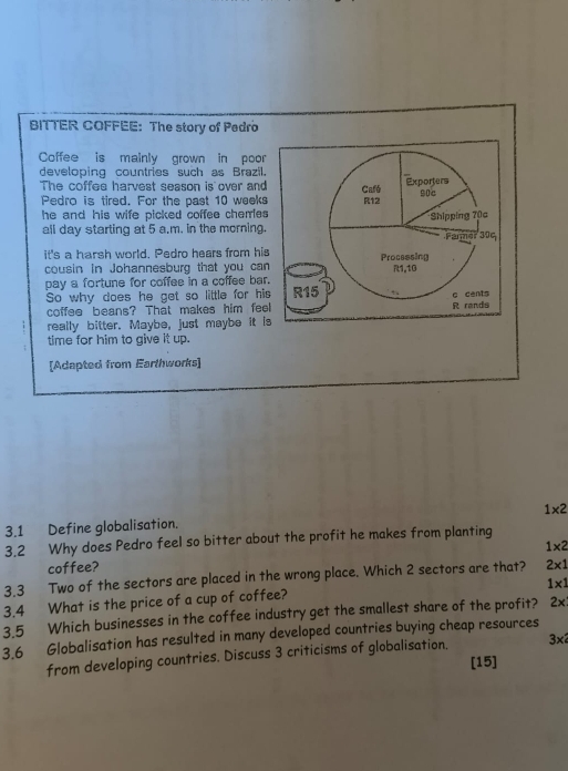BITTER COFFEE: The story of Pedro
Coffee is mainly grown in poor
developing countries such as Brazil.
The coffee harvest season is over and
Pedro is tired. For the past 10 weeks
he and his wife picked coffee cherles .
all day starting at 5 a.m. in the morning.
it's a harsh world. Pedro hears from his
cousin in Johannesburg that you can
pay a fortune for coffee in a coffee bar.
So why does he get so little for his
coffee beans? That makes him fee
really bitter. Maybe, just maybe it is
time for him to give it up.
[Adapted from Earthworks]
3.1 Define globalisation. 1* 2
3.2 Why does Pedro feel so bitter about the profit he makes from planting
1* 2
coffee?
3.3 Two of the sectors are placed in the wrong place. Which 2 sectors are that? 2* 1
1* 1
3.4 What is the price of a cup of coffee?
3.5 Which businesses in the coffee industry get the smallest share of the profit? 2x
3.6 Globalisation has resulted in many developed countries buying cheap resources
from developing countries. Discuss 3 criticisms of globalisation. 3* 2
[15]