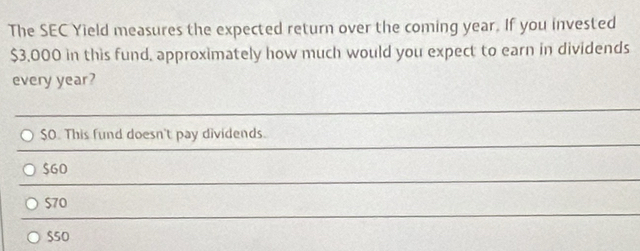 The SEC Yield measures the expected return over the coming year. If you invested
$3,000 in this fund, approximately how much would you expect to earn in dividends
every year?
$O. This fund doesn't pay dividends.
$60
$70
$50