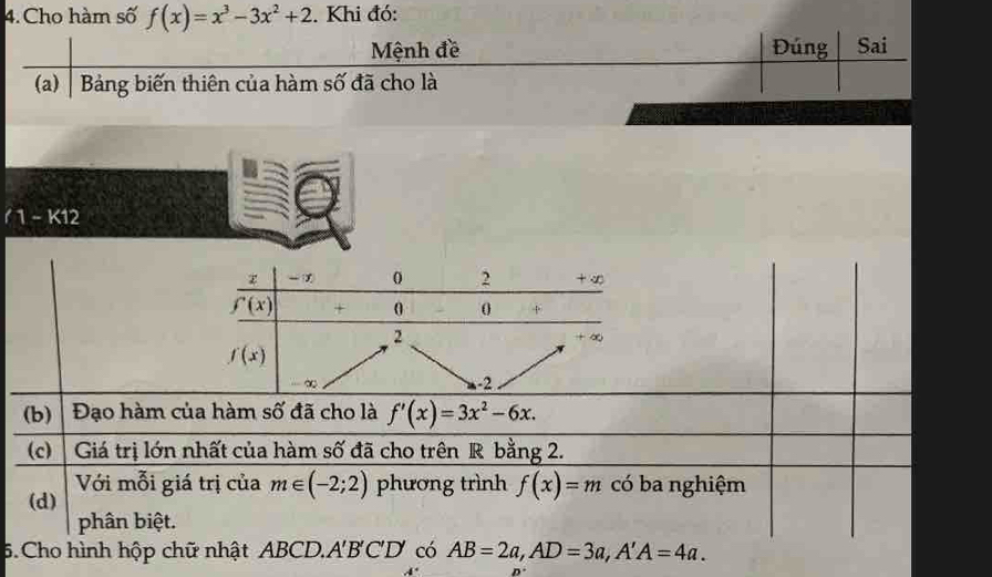 Cho hàm số f(x)=x^3-3x^2+2. Khi đó:
1-K12
(b) Đạo hàm của hàm số đã cho là f'(x)=3x^2-6x.
(c) Giá trị lớn nhất của hàm số đã cho trên R bằng 2.
(d) Với mỗi giá trị của m∈ (-2;2) phương trình f(x)=m có ba nghiệm
phân biệt.
5. Cho hình hộp chữ nhật ABCD.A'B'C'D có AB=2a,AD=3a,A'A=4a.
n