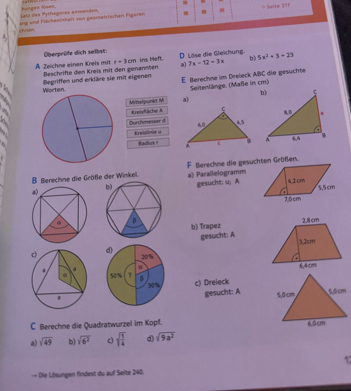 hungen lösen, 
Satz des Pythagoras anwenden, 
ang und Flächeninhalt von geometrischen Figuren Seite 217 
chnen. 
D 
Überprüfe dich selbst: 
A Zeichne einen Kreis mit r=3cm ins Heft. D Löse die Gleichung. 
Beschrifte den Kreis mit den genannten a) 7x-12=3x b) 5x^2+3=23
Begriffen und erkläre sie mit eigenen 
E Berechne im Dreieck ABC die gesuchte 
Worten. 
Seitenlänge. (Maße in cm) 
Mittelpunkt M a) 
Kreisfläche A 
Durchmesser d 
n 
Kreislinie u 
we . 
Radius r 
F Berechne die gesuchten Größen. 
B Berechne die Größe der Winkel. 
a) Parallelogramm 
gesucht: u; A 


b) Trapez 
gesucht: A 
c) Dreieck 
gesucht: A 
C Berechne die Quadratwurzel im Kopf. 
a) sqrt(49) b) sqrt(6^2) c) sqrt(frac 1)4 d) sqrt(9a^2)
12 
→ Die ösungen findest du auf Seite 240.