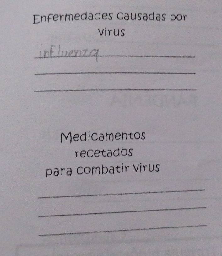 Enfermedades causadas por 
virus 
_ 
_ 
_ 
Medicamentos 
recetados 
para combatir Virus 
_ 
_ 
_