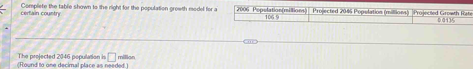 Complete the table shown to the right for the population growth model for a 2006 Population(millions) Projected 2046 Population (millions) Projected Growth Rate
certain country. 106.9
0.0135
The projected 2046 population is □ million.
(Round to one decimal place as needed.)