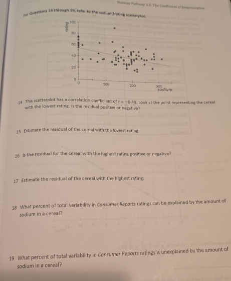 Statway Pathway 3.% The Coefficient of Betermination 
for Questions 14 through 19, refer to the sodium/rating s 
14 This scatterplot has a correlation coefficient of r=-0.40. Look at the point representing the cereal 
with the lowest rating. Is the residual positive or negative? 
15 Estimate the residual of the cereal with the lowest rating. 
16 Is the residual for the cereal with the highest rating positive or negative? 
17 Estimate the residual of the cereal with the highest rating. 
18 What percent of total variability in Consumer Reports ratings can be explained by the amount of 
sodium in a cereal? 
19 What percent of total variability in Consumer Reports ratings is unexplained by the amount of 
sodium in a cereal?