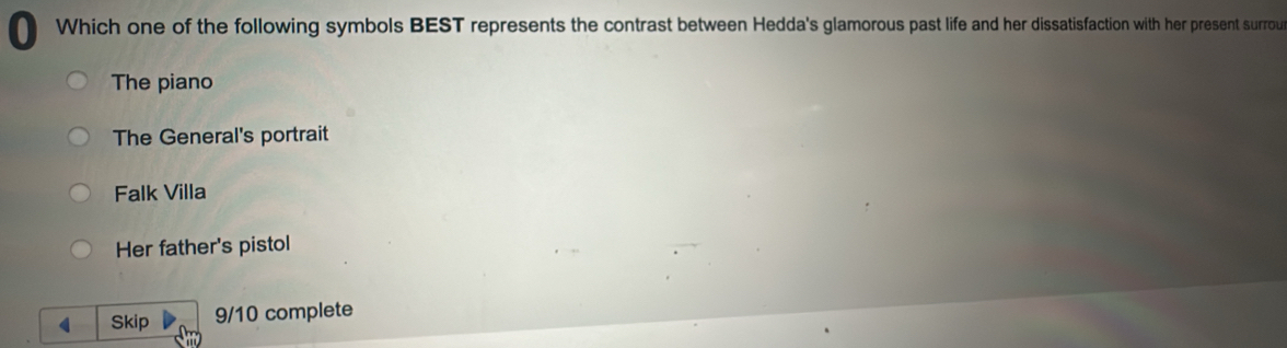 Which one of the following symbols BEST represents the contrast between Hedda's glamorous past life and her dissatisfaction with her present surrou
The piano
The General's portrait
Falk Villa
Her father's pistol
Skip 9/10 complete