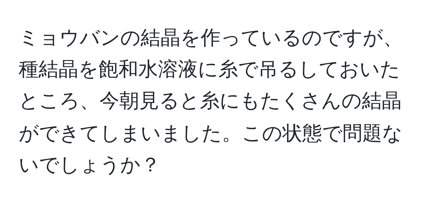 ミョウバンの結晶を作っているのですが、種結晶を飽和水溶液に糸で吊るしておいたところ、今朝見ると糸にもたくさんの結晶ができてしまいました。この状態で問題ないでしょうか？