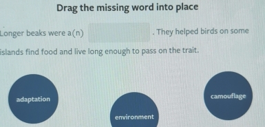 Drag the missing word into place
Longer beaks were a(n) □ . They helped birds on some
islands find food and live long enough to pass on the trait.
adaptation camouflage
environment