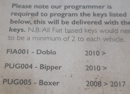 Please note our programmer is 
required to program the keys listed 
below, this will be delivered with the 
keys. N.B. All Fiat based keys would ne 
to be a minimum of 2 to each vehicle. 
FIA001 - Doblo 2010 > 
PUG004 - Bipper 2010>
PUG005 - Boxer 2008>2017