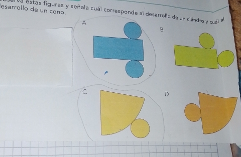 esarrollo de un cono.
a estas figuras y señala cuál corresponde al desarrollo de un cilindro y cuál al
A
B
C
D