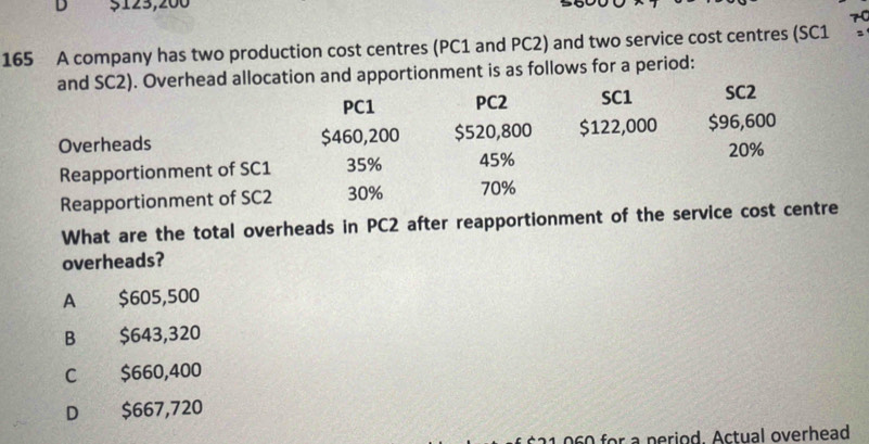 5 125,200
165 A company has two production cost centres (PC1 and PC2) and two service cost centres (SC1
and SC2). Overhead allocation and apportionment is as follows for a period:
PC1 PC2 SC1 SC2
Overheads $460,200 $520,800 $122,000 $96,600
Reapportionment of SC1 35% 45%
20%
Reapportionment of SC2 30% 70%
What are the total overheads in PC2 after reapportionment of the service cost centre
overheads?
A $605,500
B $643,320
C $660,400
D $667,720
60 for a period. Actual overhead