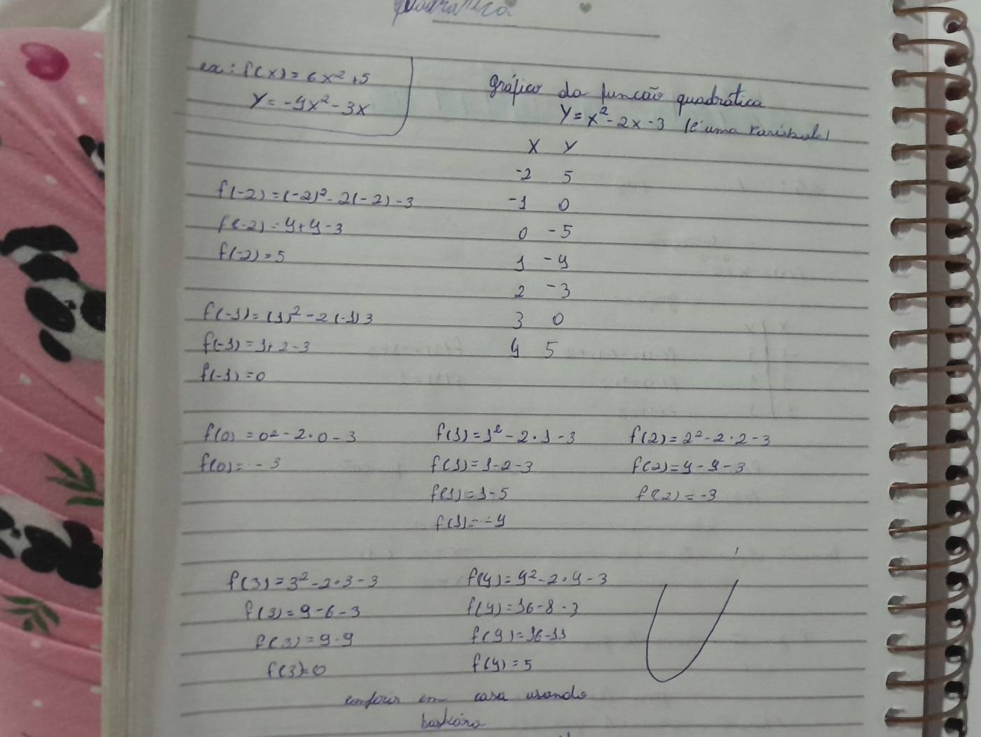 pottaito 
an: f(x)=6x^2+5
y=-9x^2-3x
grafar do luncai quaduatca
y=x^2-2x-3 le'uma ranibel!
X y
-2 5
f(-2)=(-2)^2-2(-2)-3
1 o
f(-2)=y+y-3
0 - 5
f(-2)=5
j - g 
2 -3
f(-1)=(1)^2-2(-1)3
3o
f(-1)=1+2-3 9 5
f(-1)=0
f(0)=0^2-2· 0-3
f(3)=3^2-2· 1-3 f(2)=2^2-2· 2-3
f(0)=-3
f(1)=1-2-3
f(2)=y-9-3
f(1)=1-5
f(2)=-3
f(3)=-y
f(3)=3^2-2· 3-3
f(y)=y^2-2· y-3
f(3)=9-6-3
f(4)=16-8-3
f(3)=9-9
f(9)=36-13
f(3)=0
f(y)=5
confour in case wonds 
baokone