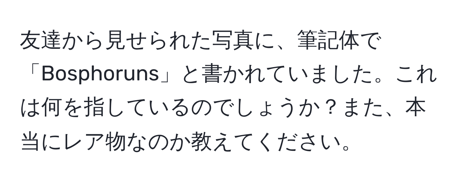 友達から見せられた写真に、筆記体で「Bosphoruns」と書かれていました。これは何を指しているのでしょうか？また、本当にレア物なのか教えてください。