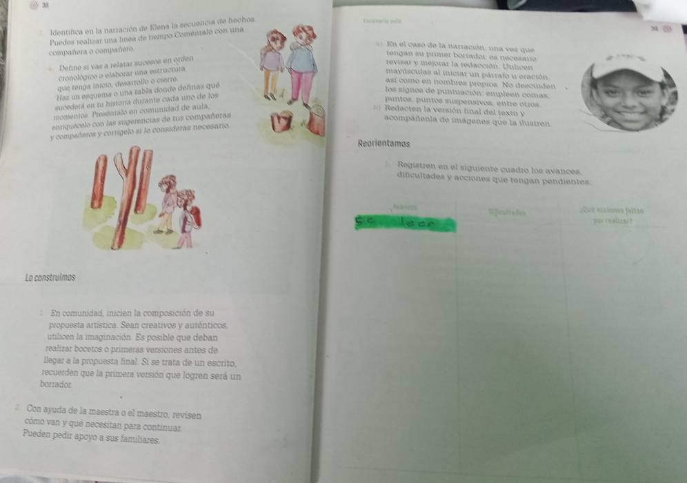 Identifica en la narración de Elena la secuencia de hechos.
Lszane aula
Puedes realizar una línea de tiempo Coméntalo con una
En el caso de la nartación, una vez que
compañera o compañero
Define sí vas a relatar sucesos en orden
tengan su primer borrador, es necesario
revisar y mejorar la redacción. Unificón
cronológico o elaborar una estructura
mayúsculas al iniciar un párrafo u oración.
que tenga início, desartollo o cierre.
Haz un esquema o una tabla donde deñnas qué
así como en nombres propios. No descuiden
los signos de puntuación: empleen comas.
sucederá en tu historía durante cada uno de los
puntos, puntos suspensivos, entre otros.
momentos. Presentalo en comunidad de aula,
=== Redacten la versión final del texto y
einquécelo con las sugerencias de tus compañeras
acompañenla de imágenes que la ilustren
y compañeros y corrígelo sí lo consideras necesario.
Reorientamos
Registren en el siguiente cuadro los avances.
dificultades y acciones que tengan pendientes:
Avances UJicstivdes ¿Qus ecciones faltan
Se  lean par realicar?
La construimas
En comunidad, inicien la composición de su
propuesta artística. Sean creativos y auténticos,
utilicen la imaginación. Es posible que deban
realizar bocetos o primeras versiones antes de
llegar a la propuesta final. Si se trata de un escrito,
recuerden que la primera versión que logren será un
borrador
Con ayuda de la maestra o el maestro, revisen
cómo van y qué necesitan para continuar
Pueden pedir apoyo a sus familiares.