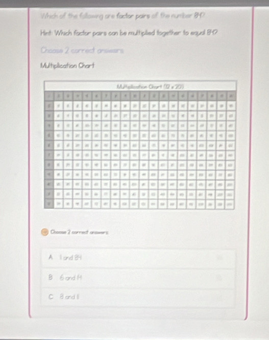 Which of the following are factor pairs of the number B4?
Hint: Which factor pairs can be muttiplied together to equal 84?
Choase 2 correct ansiears
Multiplication Chart
Choose 2 cornest anowers
A l and 2
B 6 and 1H
C 8 and I