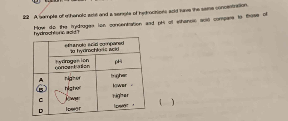 A sample of ethanoic acid and a sample of hydrochloric acid have the same concentration. 
How do the hydrogen ion concentration and pH of ethanoic acid compare to those of 
hydrochloric acid? 
 )