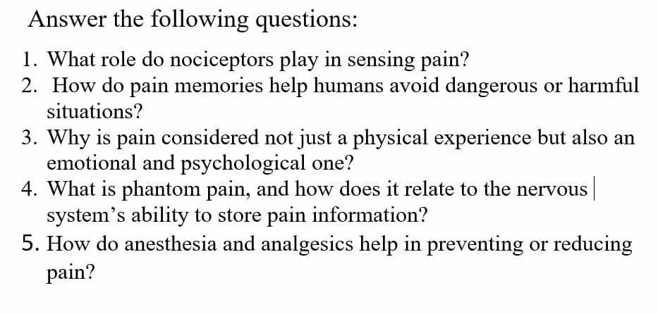 Answer the following questions: 
1. What role do nociceptors play in sensing pain? 
2. How do pain memories help humans avoid dangerous or harmful 
situations? 
3. Why is pain considered not just a physical experience but also an 
emotional and psychological one? 
4. What is phantom pain, and how does it relate to the nervous 
system’s ability to store pain information? 
5. How do anesthesia and analgesics help in preventing or reducing 
pain?