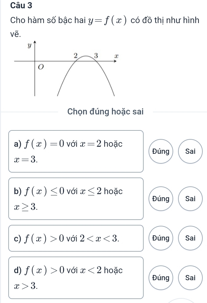 Cho hàm số bậc hai y=f(x) có đồ thị như hình
vẽ.
Chọn đúng hoặc sai
a) f(x)=0 với x=2 hoặc
Đúng Sai
x=3. 
b) f(x)≤ 0 với x≤ 2 hoặc
Đúng Sai
x≥ 3. 
c) f(x)>0 với 2 . Đúng Sai
d) f(x)>0 với x<2</tex> hoặc
Đúng Sai
x>3.