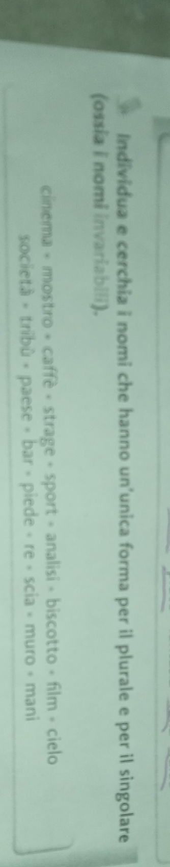 Individua e cerchia i nomi che hanno un'unica forma per il plurale e per il singolare 
(ossia i nomi invariabili). 
cinema + mostro + caffé - strage + sport - analisi - biscotto + film + cielo 
società + tribù « paese » bar » piede » re + scia » muro » mani