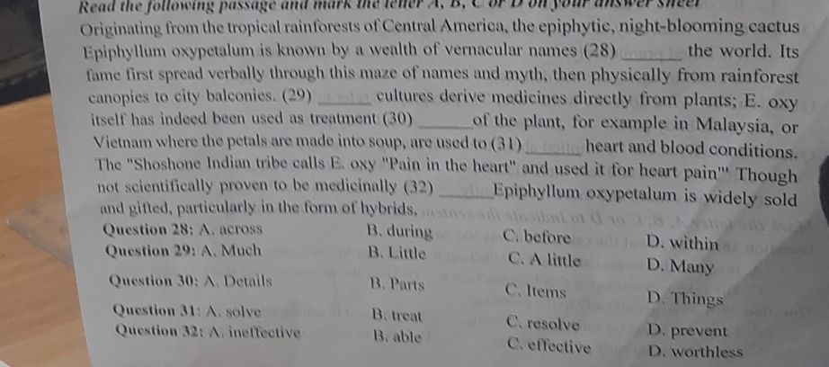 Read the following passage and mark the lener A. B. C or D on your answer sheer
Originating from the tropical rainforests of Central America, the epiphytic, night-blooming cactus
Epiphyllum oxypetalum is known by a wealth of vernacular names (28) _the world. Its
fame first spread verbally through this maze of names and myth, then physically from rainforest
canopies to city balconies. (29) _cultures derive medicines directly from plants; E. oxy
itself has indeed been used as treatment (30) _of the plant, for example in Malaysia, or
Vietnam where the petals are made into soup, are used to (31) _heart and blood conditions.
The "Shoshone Indian tribe calls E. oxy "Pain in the heart" and used it for heart pain''' Though
not scientifically proven to be medicinally (32) _Epiphyllum oxypetalum is widely sold
and gifted, particularly in the form of hybrids,
Question 28; A. across B. during C. before D. within
Question 29: A. Much B. Little C. A little D. Many
Question 30: A. Details B. Parts C. Items D. Things
Question 31: A. solve B. treat C. resolve D. prevent
Question 32: A. ineffective B. able C. effective D. worthless