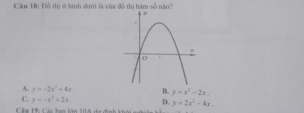 Đồ thị ở hình dưới là của đồ thị hàm số nào?
A. y=-2x^2+4x.
B. y=x^2-2x.
C. y=-x^2+2x. y=2x^2-4x. 
D.
Câu 19: Các bạn lớn 104 d định khó