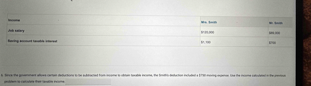 Since the government allows certain deductions to be subtracted from income to obtain taxable income, the Smith's deduction included a $750 moving expense. Use the income calculated in the previous 
_ 
problem to calculate their taxable income.