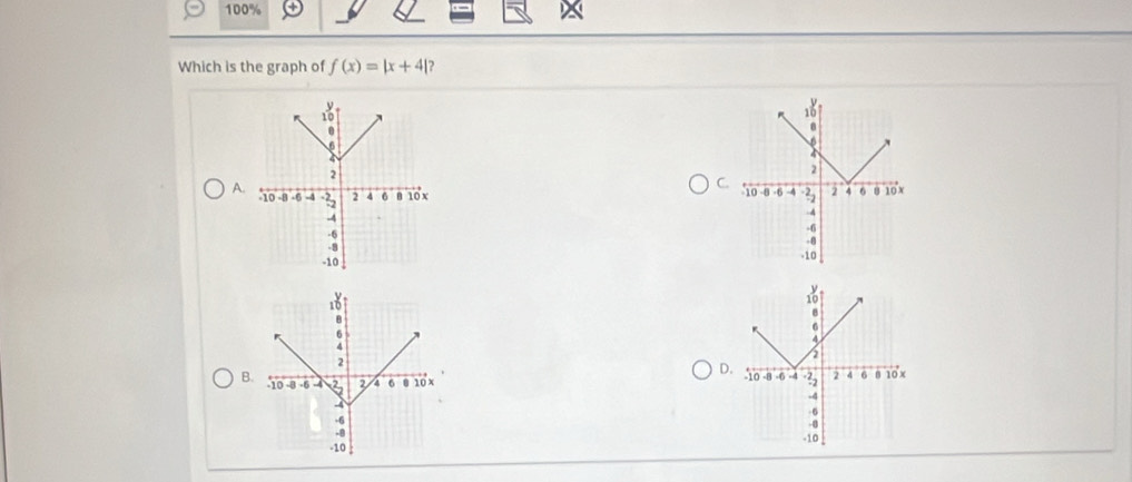 100% 
Which is the graph of f(x)=|x+4|
C. 
A. 

D. 
B