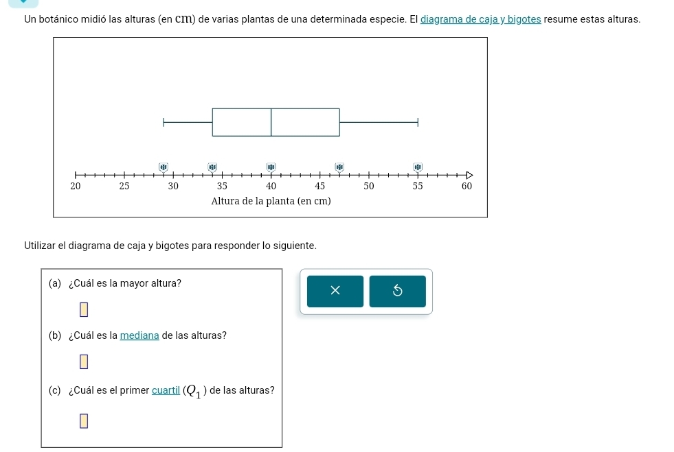 Un botánico midió las alturas (en CM) de varias plantas de una determinada especie. El diagrama de caja y bigotes resume estas alturas. 
Utilizar el diagrama de caja y bigotes para responder lo siguiente. 
(a) ¿Cuál es la mayor altura? 
× 
(b) ¿Cuál es la mediana de las alturas? 
(c) ¿Cuál es el primer cuartil (Q_1) de las alturas?