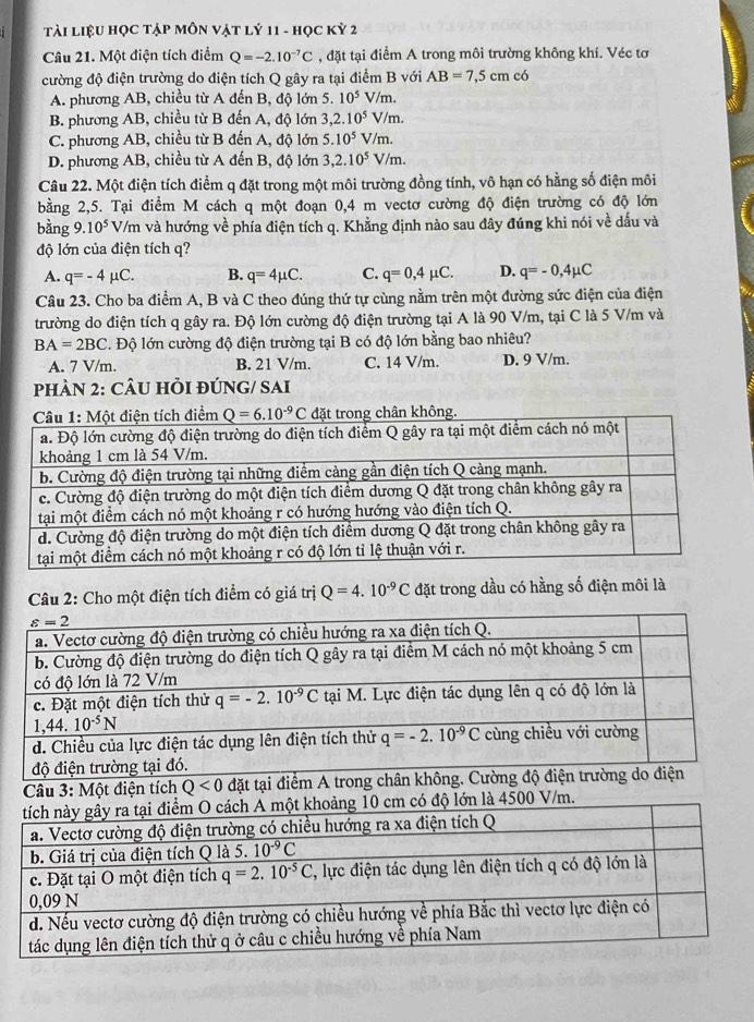 Tài Liệu học Tập MôN vật lý 11 - học Kỳ 2
Câu 21. Một điện tích điểm Q=-2.10^(-7)C , đặt tại điểm A trong môi trường không khí. Véc tơ
cường độ điện trường do điện tích Q gây ra tại điểm B với AB=7,5cmc6
A. phương AB, chiều từ A dến B, độ lớn 5. 10^5 V/m.
B. phương AB, chiều từ B đến A, độ lớn 3,2.10^5V/m
C. phương AB, chiều từ B đến A, độ lớn 5.10^5 m.
D. phương AB, chiều từ A đến B, độ lớn 3,2.10^5V/m.
Câu 22. Một điện tích điểm q đặt trong một môi trường đồng tính, vô hạn có hằng số điện môi
bằng 2,5. Tại điểm M cách q một đoạn 0,4 m vectơ cường độ điện trường có độ lớn
bằng 9.10^5 V/m và hướng về phía điện tích q. Khẳng định nào sau đây đúng khi nói về dấu và
độ lớn của điện tích q?
A. q=-4mu C. B. q=4mu C. C. q=0,4mu C. D. q=-0,4mu C
Câu 23. Cho ba điểm A, B và C theo đúng thứ tự cùng nằm trên một đường sức điện của điện
trường do điện tích q gây ra. Độ lớn cường độ điện trường tại A là 90 V/m, tại C là 5 V/m và
BA=2BC 1. Độ lớn cường độ điện trường tại B có độ lớn bằng bao nhiêu?
A. 7 V/m. B. 21 V/m. C. 14 V/m. D. 9 V/m.
PHÀN 2: CÂU HI ĐÚNG/ SAI
Câu 2: Cho một điện tích điểm có giá trị Q=4.10^(-9)C đặt trong dầu có hằng số điện môi là
Câu 3: Một điện tích Q<0</tex> đặt tại điểm A
lớn là 4500 V/m.