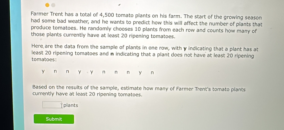 Farmer Trent has a total of 4,500 tomato plants on his farm. The start of the growing season 
had some bad weather, and he wants to predict how this will affect the number of plants that 
produce tomatoes. He randomly chooses 10 plants from each row and counts how many of 
those plants currently have at least 20 ripening tomatoes. 
Here are the data from the sample of plants in one row, with y indicating that a plant has at 
least 20 ripening tomatoes and n indicating that a plant does not have at least 20 ripening 
tomatoes:
y n n y y n n n y n 
Based on the results of the sample, estimate how many of Farmer Trent's tomato plants 
currently have at least 20 ripening tomatoes.
□ plants 
Submit