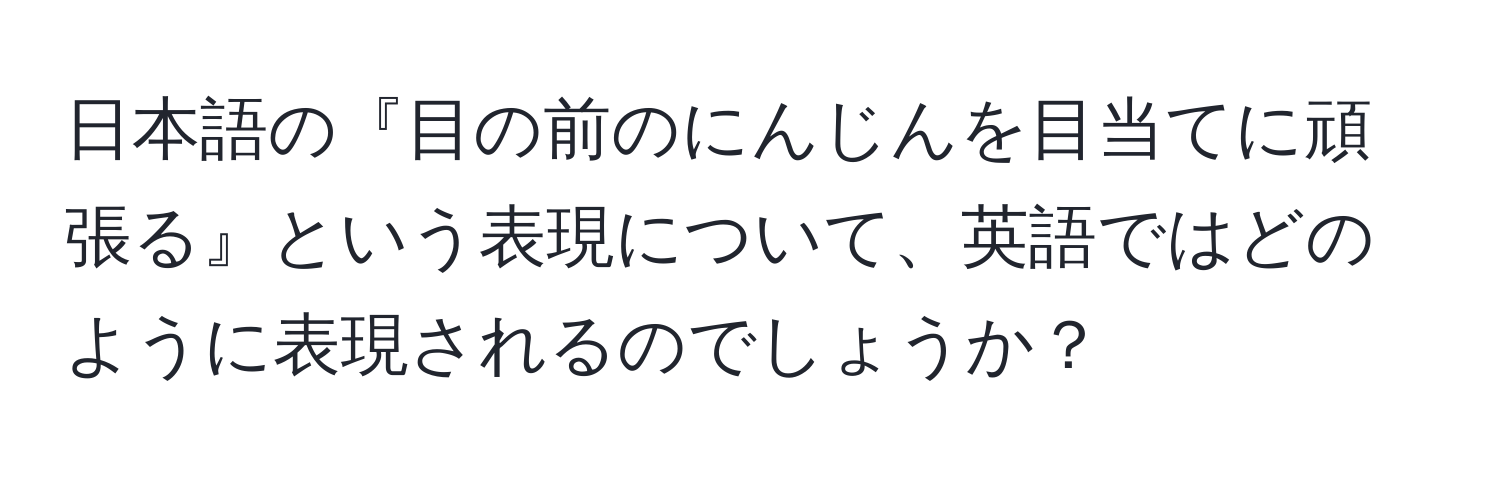 日本語の『目の前のにんじんを目当てに頑張る』という表現について、英語ではどのように表現されるのでしょうか？