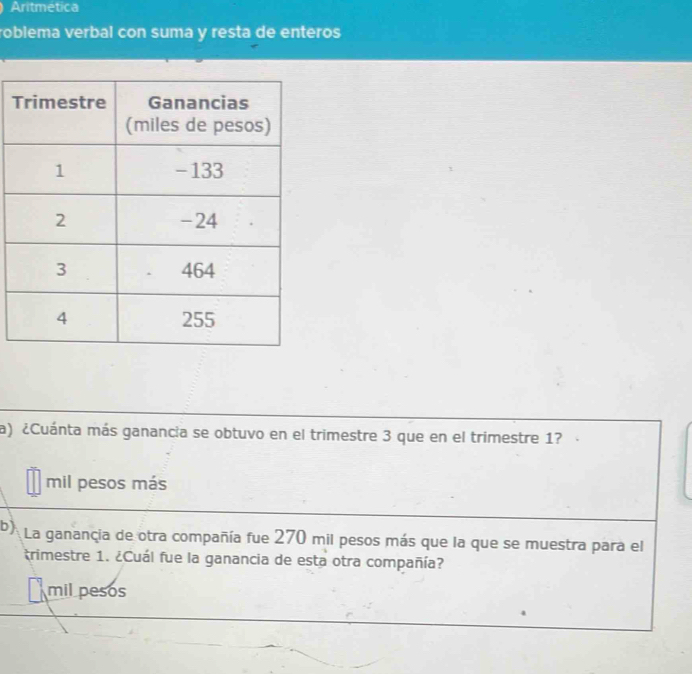 Aritmética
roblema verbal con suma y resta de enteros
T
a) ¿Cuánta más ganancia se obtuvo en el trimestre 3 que en el trimestre 1?
mil pesos más
b) La ganancia de otra compañía fue 270 mil pesos más que la que se muestra para el
trimestre 1. ¿Cuál fue la ganancia de esta otra compañía?
mil pesos