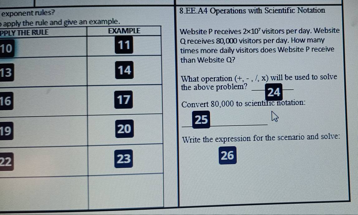 exponent rules? 8.EE.A4 Operations with Scientific Notation 
o ap 
PPLebsite P receives 2* 10^7 visitors per day. Website 
receives 80,000 visitors per day. How many
10
imes more daily visitors does Website P receive 
han Website Q? 
13 
What operation (+,-,/,x) will be used to solve 
he above problem? 24
16
Convert 80,000 to scientific notation:
25
19
Write the expression for the scenario and solve:
26
22