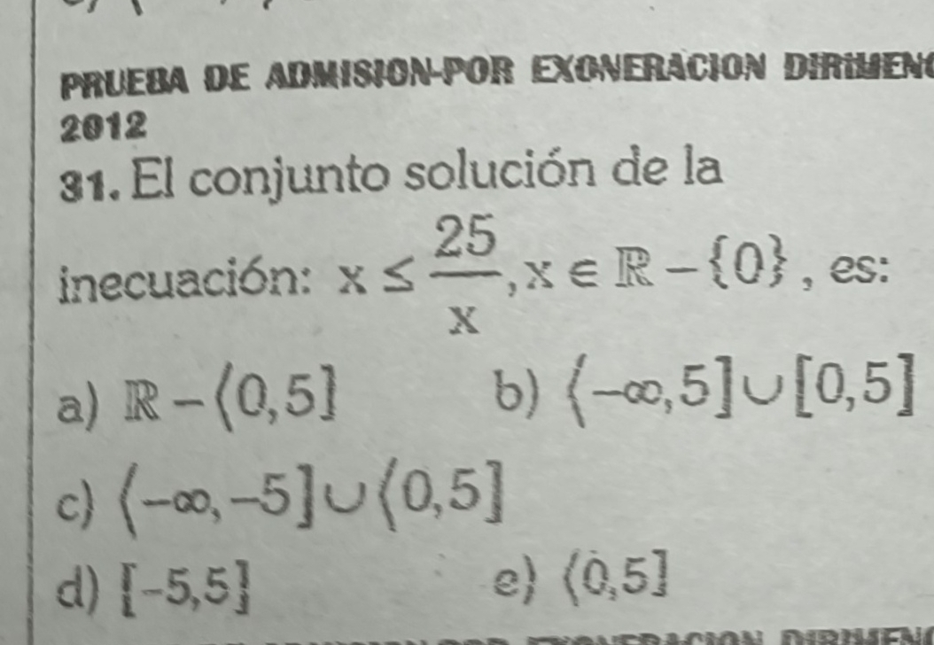 Prueba de Admision-por exoneración dirimeno
2012
31. El conjunto solución de la
inecuación: x≤  25/x , x∈ R- 0 , es:
a) R-(0,5]
b) (-∈fty ,5]∪ [0,5]
c) (-∈fty ,-5]∪ (0,5]
d) [-5,5]
e (0,5]
da