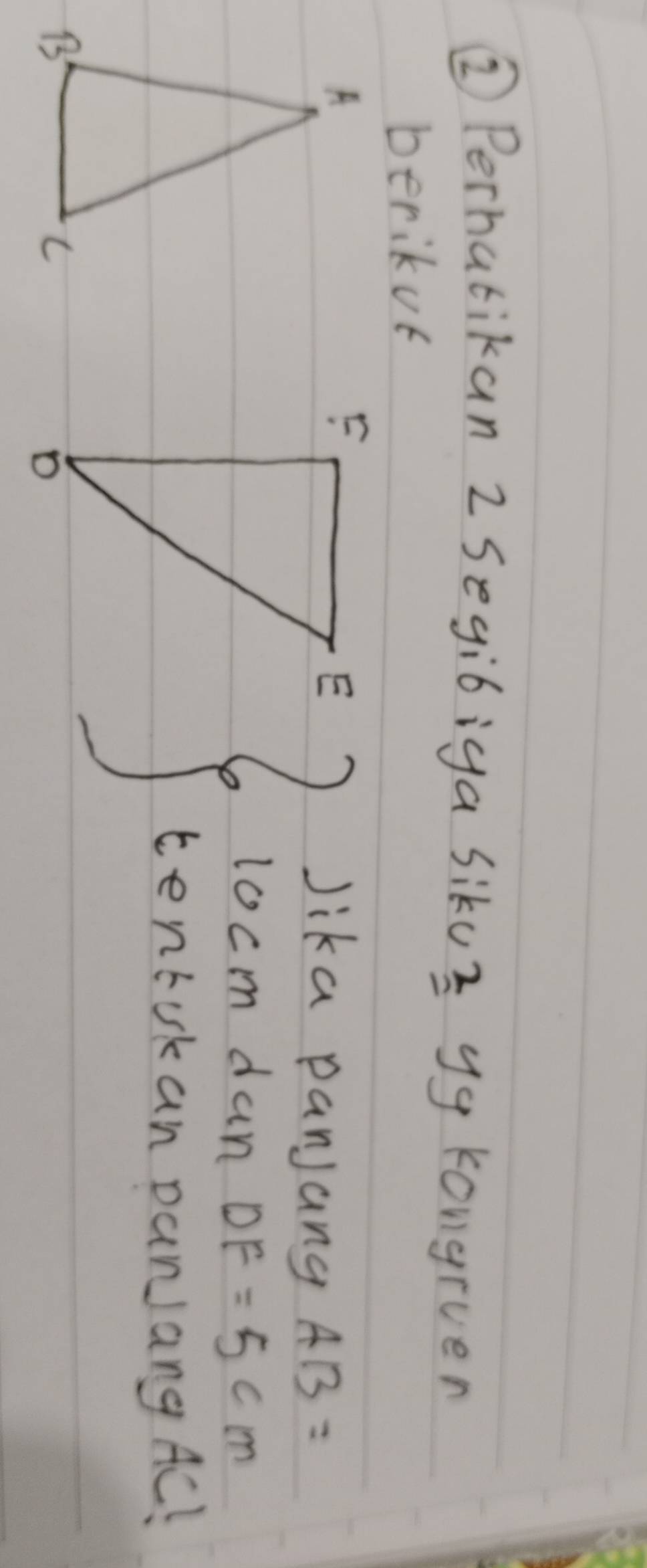 ② Perhatikan 2 Segibiga sikuy yg kongruen 
berikof 
Jika panjang AB=
locm dan DF=5cm
tentokan DanJang AC!