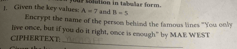 our solution in tabular form. 
1. Given the key values: A=7 and B=5
Encrypt the name of the person behind the famous lines “You only 
live once, but if you do it right, once is enough” by MAE WEST 
_ 
CIPHERTEXT: