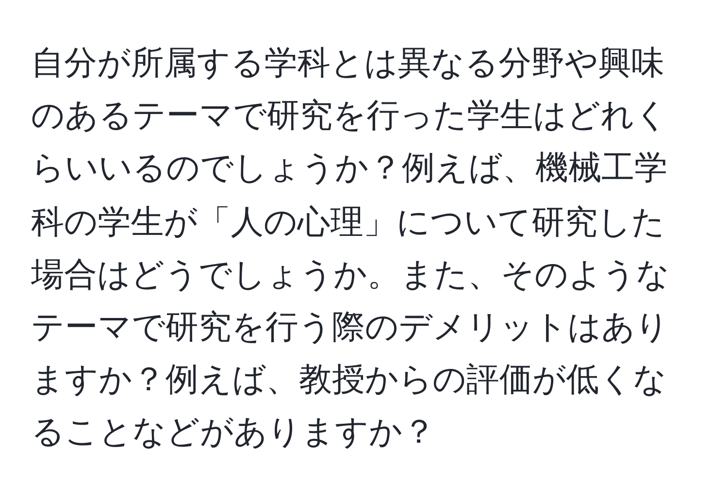 自分が所属する学科とは異なる分野や興味のあるテーマで研究を行った学生はどれくらいいるのでしょうか？例えば、機械工学科の学生が「人の心理」について研究した場合はどうでしょうか。また、そのようなテーマで研究を行う際のデメリットはありますか？例えば、教授からの評価が低くなることなどがありますか？