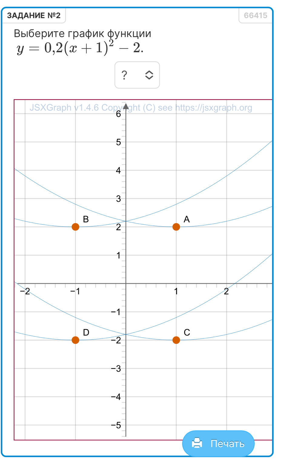 3AДAHИE N_ o2 66415 
Βыберите граφик φункции
y=0,2(x+1)^2-2. 
?