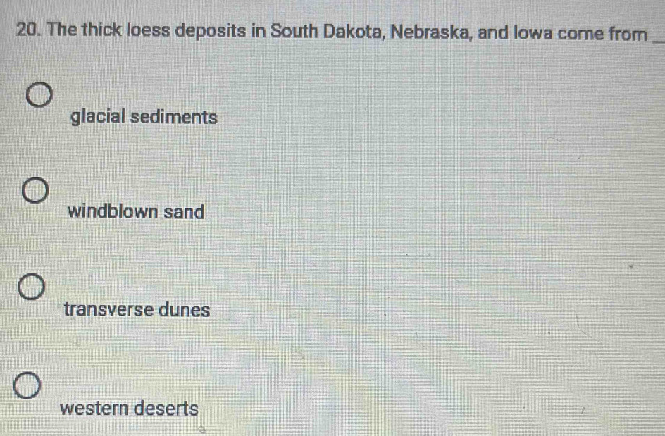 The thick loess deposits in South Dakota, Nebraska, and Iowa come from_
glacial sediments
windblown sand
transverse dunes
western deserts