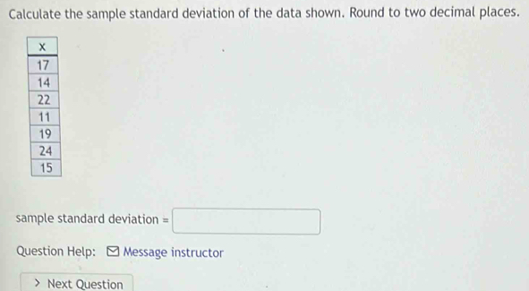 Calculate the sample standard deviation of the data shown. Round to two decimal places. 
sample standard deviation =□
Question Help: ] Message instructor 
Next Question