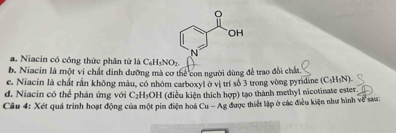 a. Niacin có công thức phân tử là C_6H_5NO_2.
b. Niacin là một vi chất dinh dưỡng mà cơ thể con người dùng để trao đổi chất.
c. Niacin là chất rắn không màu, có nhóm carboxyl ở vị trí số 3 trong vòng pyridine (C_5H_5N).
d. Niacin có thể phản ứng với C_2H_5OH (diều kiện thích hợp) tạo thành methyl nicotinate ester.
Câu 4: Xét quá trình hoạt động của một pin điện hoá Cu - Ag được thiết lập ở các điều kiện như hình về sau: