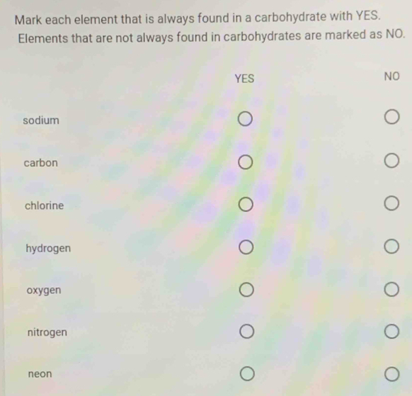 Mark each element that is always found in a carbohydrate with YES.
Elements that are not always found in carbohydrates are marked as NO.
YES NO
sodium
carbon
chlorine
hydrogen
oxygen
nitrogen
neon