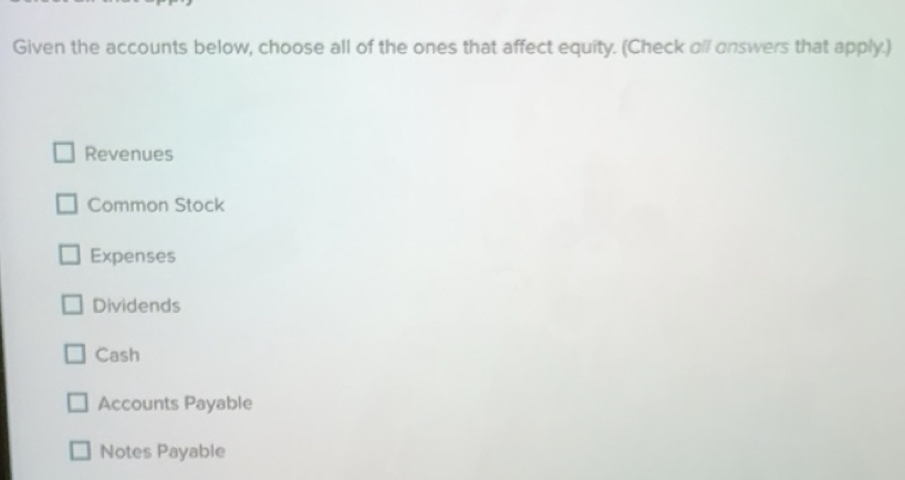 Gelöst:Given the accounts below, choose all of the ones that affect ...