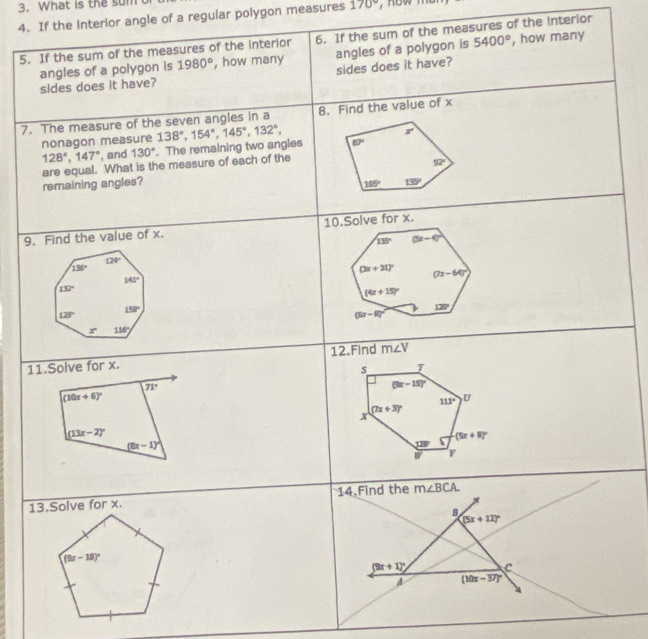 What is the sum
4. If the interlor angle of a regular polygon measures 170° , how me
5.of the measures of the interior
7.
9
1
1